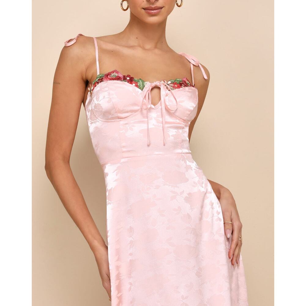 Lulus Pink Satin Floral Midi Dress Embroidered Large NWT Wedding Y2K Fairy - Picture 2 of 15